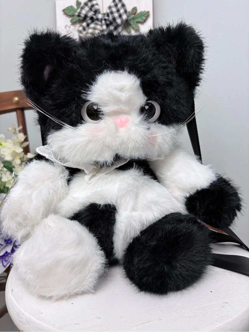 Black and White Plush Cat Stuffed Animal Backpack NWT